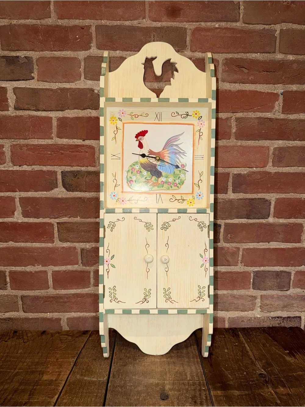 Hand-Painted Rooster Wall Clock Cabinet Decor Farmhouse Cream & Pastel Accent